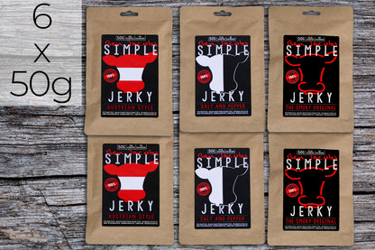 Simple Jerky Mild Box (3 Sorten, 6 x 50g) – Austrian Style, Salt & Pepper, und The Smoky Original. Hochwertiges Trockenfleisch mit natürlichen Zutaten, perfekt für Snack-Liebhaber.