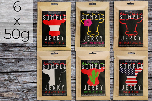 Simple Jerky 6er Pack (6 x 50g) – Austrian Style, Hawaiian Teriyaki, The Smoky Original, Salt & Pepper, Mexican Style und Redneck BBQ.